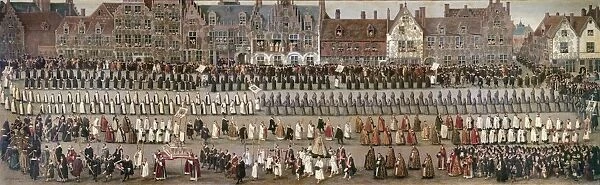 BRUSSELS: PROCESSION, 1625. A religious procession on Grand Place in Brussels, Flanders, 1625