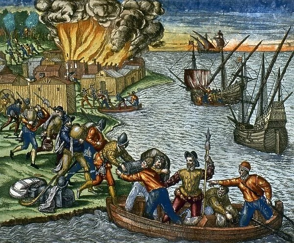 DE BRY: CHICORA, 1590. The land of Chicora, Cuba, is burned by French explorers. Color copper engraving by Theodore de Bry, 1590