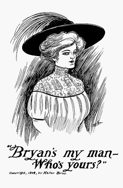 BRYAN CAMPAIGN, 1908. Lithography postcard supporting presidential candidate William Jennings Bryan and his campaign for womens suffrage, 1908