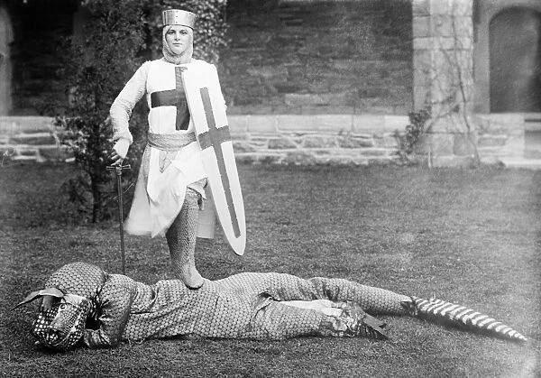 BRYN MAWR COLLEGE, c1912. Women in costume as Saint George and the dragon at Bryn