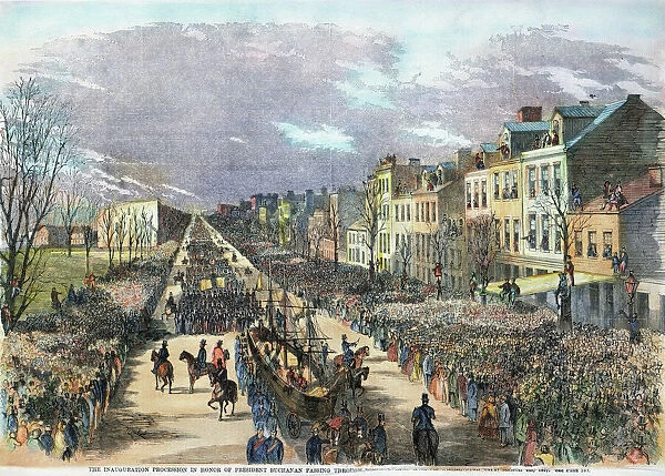 BUCHANAN INAUGURATION. The inaugural procession of President James Buchanan along Pennsylvania Avenue, Washington, D. C. on 4 March 1857: contemporary engraving