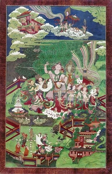 Buddha is born as Queen Maya reaches up for a branch. Painting on cloth, Tibet, 16th-18th century
