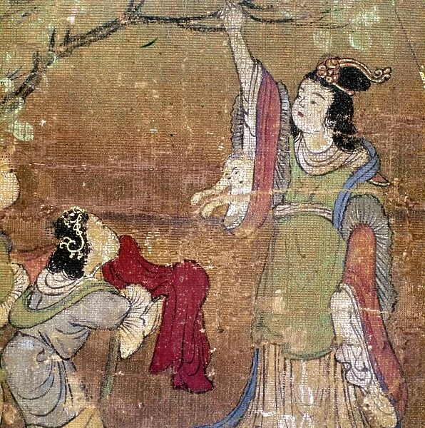 Buddha is born from the side of Queen Maya as she reaches up to a branch in her garden. Detail from a Japanese silk painting, early 13th century