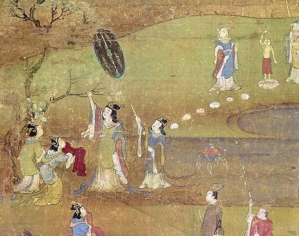 The Buddha is born out of the side of Queen Maya as she reaches up to a branch in her garden. Japanese silk painting, early 13th century