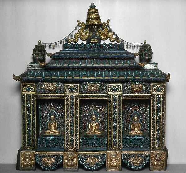 Buddhist shrine with three images of Buddhist dieties, inlaid with semi-precious gems. Nepalese, 19th century