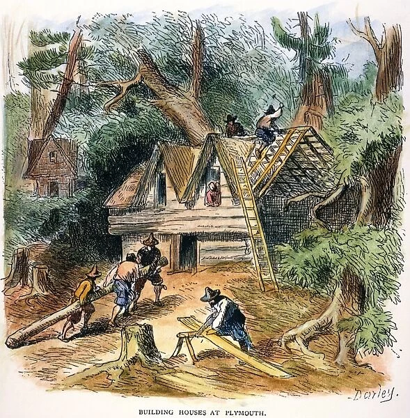 BUILDING HOUSES, 17TH C. Pilgrims building houses at Plymouth, Massachusetts: colored engraving, 19th century