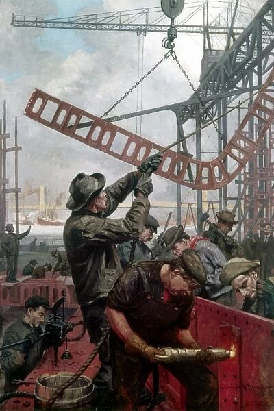 Building the Manhattan Bridge. Oil on canvas by Gerrit A. Beneker, 1909