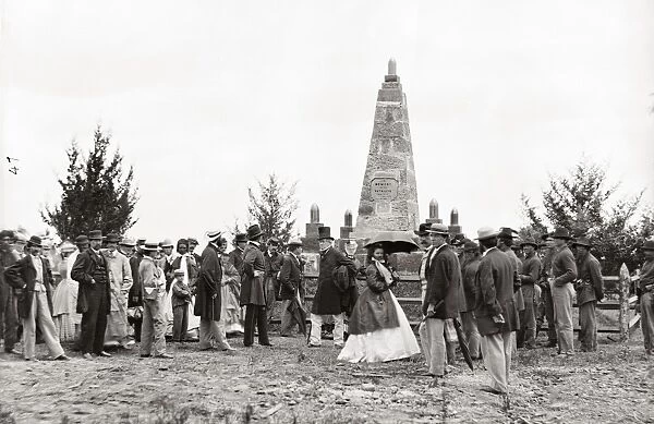 BULL RUN MONUMENT, 1865. Dedication of the monument at the site of the Battle of Bull Run, Virginia. Judge Abram B. Olin of Washington, D. C. who delivered the dedication address, stands by the rail. Photograph by William Morris Smith, 10 June 1865