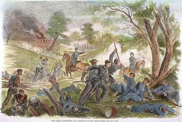 BULL RUN: REBEL BAYONETS. Confederate soldiers bayoneting wounded Union soldiers during the (First) Battle of Bull Run, 21 July 1861: wood engraving from a contemporary Northern newspaper