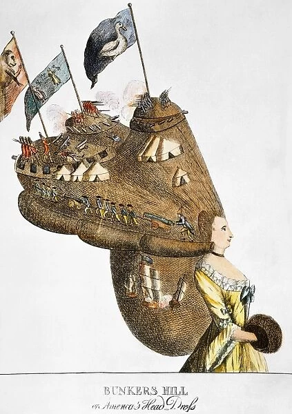 Bunkers Hill or Americas Head Dress. English satirical engraving, 1776, on the narrow British victory at the Battle of Bunker Hill, 17 June 1775, and popular coiffures of the time