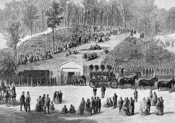 The burial service for President Lincoln at Oak Ridge, Springfield, Illinois, 4 May 1865. Wood engraving from a contemporary American newspaper