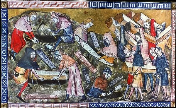 BURYING PLAGUE VICTIMS in coffins at Tournai in 1349. Flemish ms. illumination, 14th century