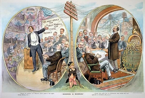 BUSINESS CARTOON, 1904. An American cartoon of 1904 showing prominent businessmen such as J. P. Morgan, H. M. Flagler, J. D. Rockefeller, and Russell Sage supporting civic reform (left) while relishing Western Union profits received from pool rooms and bucket shops