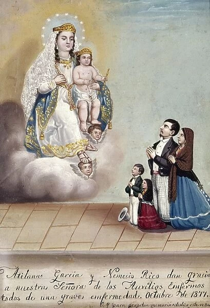BUSTOS: WORSHIP, 1879. Offering of Atilana Garcia and Nemensio Rico. A family giving thanks to the Virgin Mary. Oil on tin by Hermenegildo Bustos, 1879