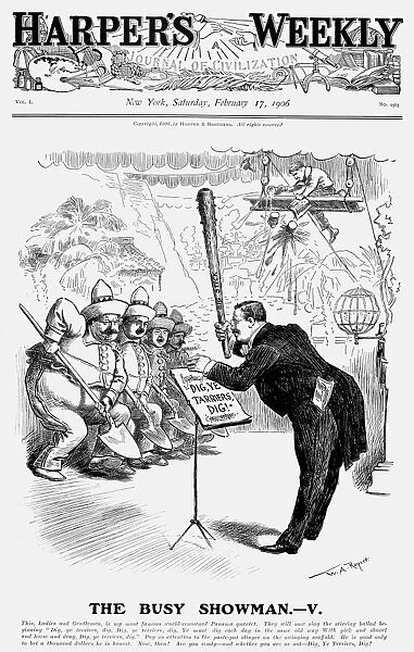 The Busy Showman. President Theodore Roosevelt urging his team of workers, including William Howard Taft and William Crawford Gorgas, to dig harder and to pay no attention to John Bigelows report on the Panama Canal. American cartoon by W. A. Rogers, 1906