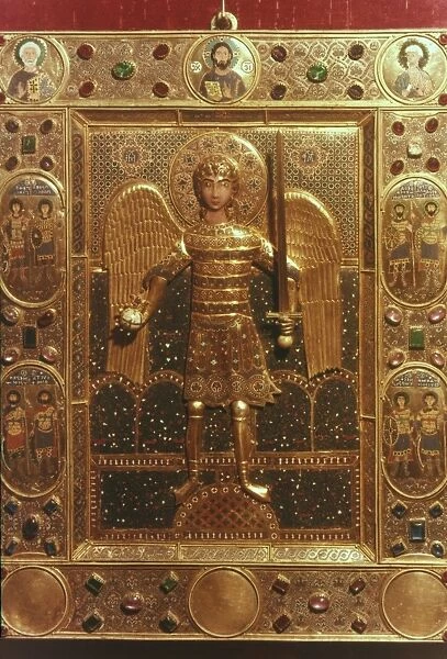 BYZANTINE ART: ST. MICHAEL. Gold and enamel jewel-studded icon of St. Michael