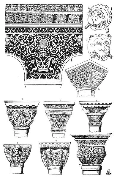 BYZANTINE ORNAMENT. Byzantine columns and capitals. Decorative engravings