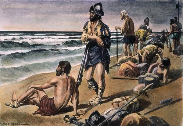 CABEZA de VACA EXPEDITION. Alvar Nunez Cabeza de Vaca and his men during their eight-year trek between the Gulf of Mexico and Mexico City, 1528-36. Illustration by Alfred Russell
