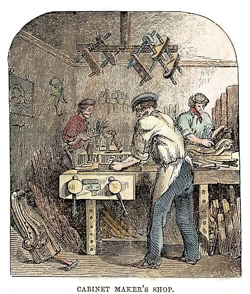 CABINETMAKER, c1865. A cabinetmakers workshop. Wood engraving, English, c1865