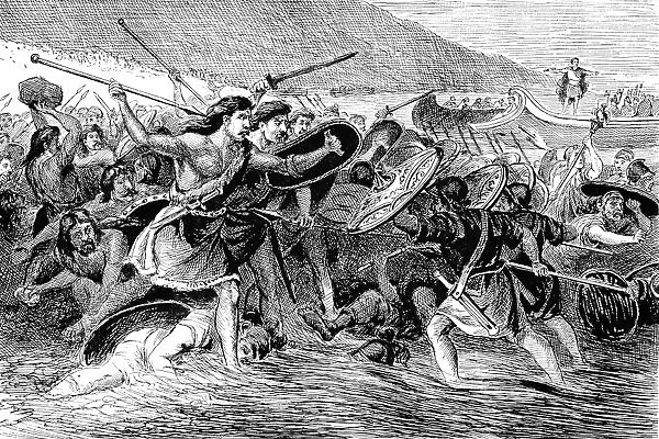 CAESAR INVADING BRITAIN. Julius Caesars invasion of Britain in 55 B. C Pen-and-ink drawing