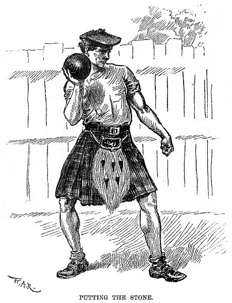 CALEDONIAN GAMES, 1890. An athlete putting the stone at the International Caledonian Games