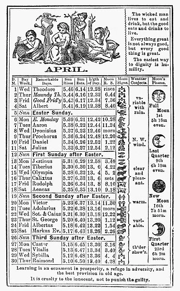 The calendar for April from Dr. J. H. McLeans Family Almanac, 1874