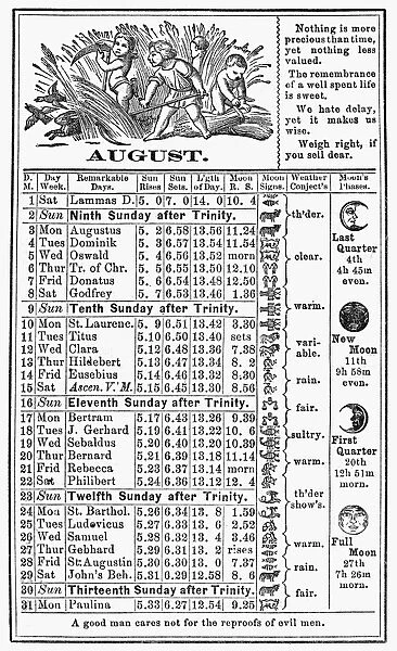 The calendar for August from Dr. J. H. McLeans Family Almanac, 1874