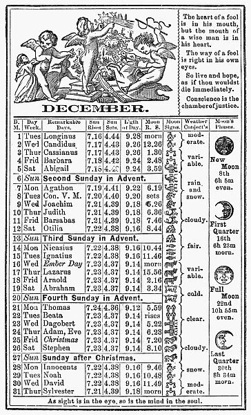 The calendar for December from Dr. J. H. McLeans Family Almanac, 1874