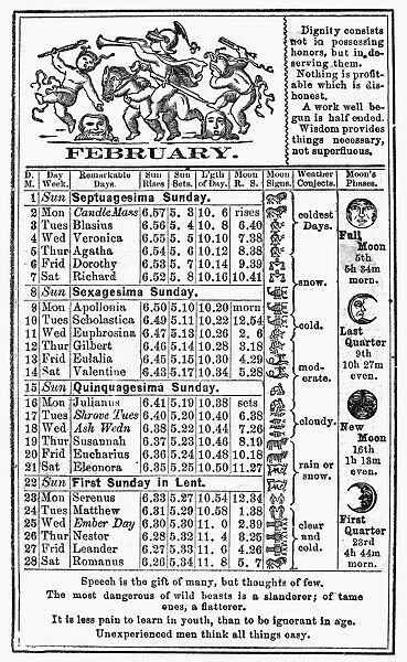 The calendar for February from Dr. J. H. McLeans Family Almanac, 1874