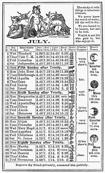 The calendar for July from Dr. J. H. McLeans Family Almanac, 1874