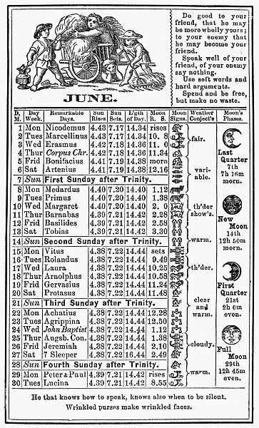 The calendar for June from Dr. J. H. McLeans Family Almanac, 1874