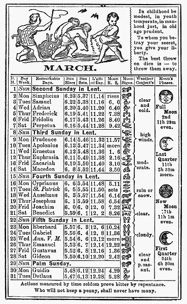 The calendar for March from Dr. J. H. McLeans Family Almanac, 1874
