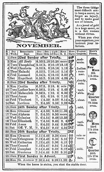 The calendar for November from Dr. J. H. McLeans Family Almanac, 1874