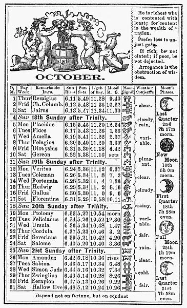 The calendar for October from Dr. J. H. McLeans Family Almanac, 1874