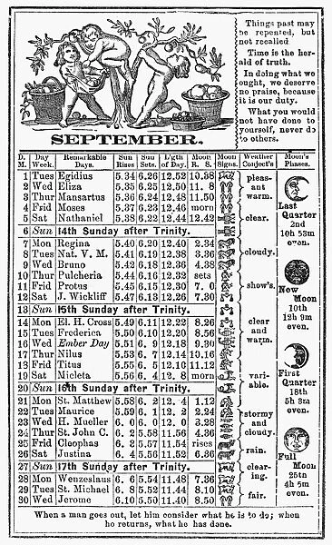 The calendar for September from Dr. J. H. McLeans Family Almanac, 1874