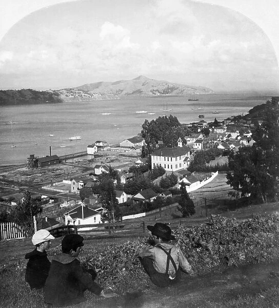 CALIFORNIA: ANGEL ISLAND. Three boys on a hill on Angel Island, in San Francisco Bay, California