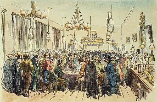California gold miners in the El Dorado saloon at Sacramento. Color engraving, 1852