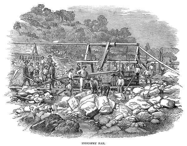 CALIFORNIA: GOLD MINERS. Gold miners in California. Wood engraving, English, 1853