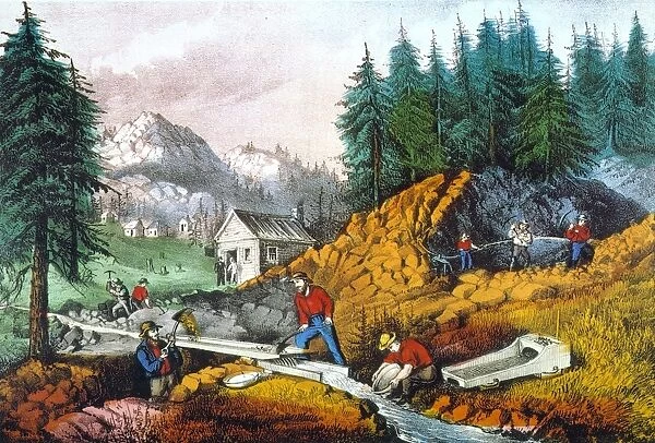 CALIFORNIA: GOLD MINING. Lithograph by Currier & Ives, 1871