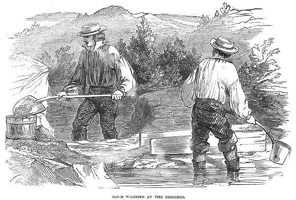 CALIFORNIA GOLD RUSH, 1849. Miners washing gold in California during the early days of the Gold Rush. Wood engraving, 1849