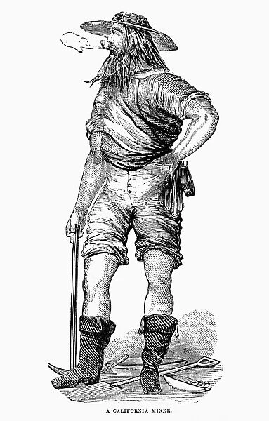 CALIFORNIA GOLD RUSH, 1852. A California gold miner. Wood engraving from an American newspaper of 1852