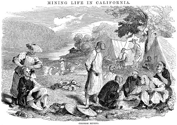 CALIFORNIA GOLD RUSH, 1857. Housekeeping. A camp of Chinese gold miners in California. Wood engraving, American, 1857