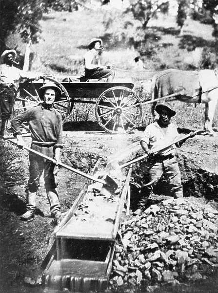 CALIFORNIA: GOLD RUSH. Black and white gold miners prospecting in Spanish Flat