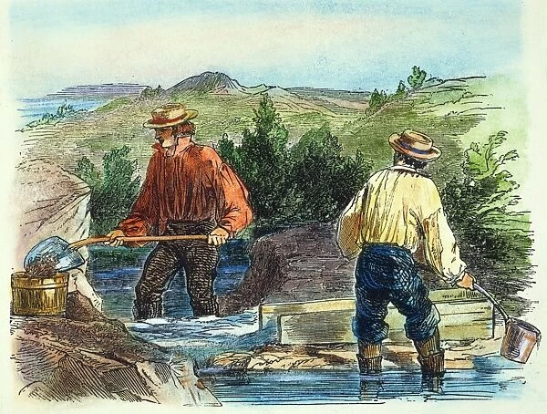 CALIFORNIA GOLD RUSH. Forty-Niners washing gold: colored engraving, mid-19th century