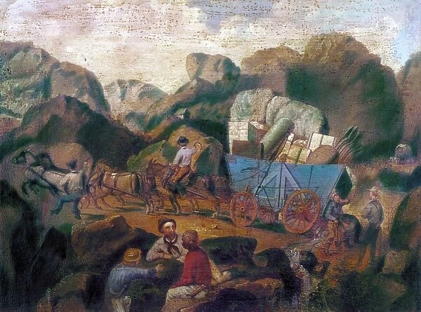 CALIFORNIA GOLD RUSH. Gold Rush Supply Wagon. Oil on canvas by Eugene Camerer