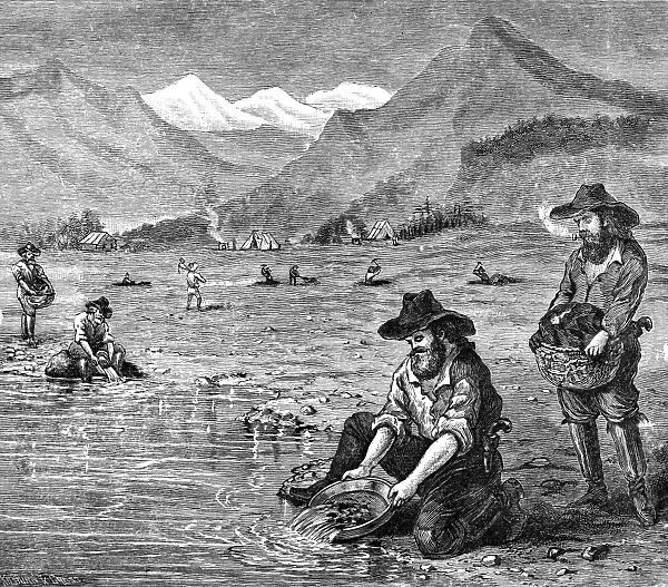 CALIFORNIA GOLD RUSH. Prospectors panning for gold. Wood engraving, American, 19th century