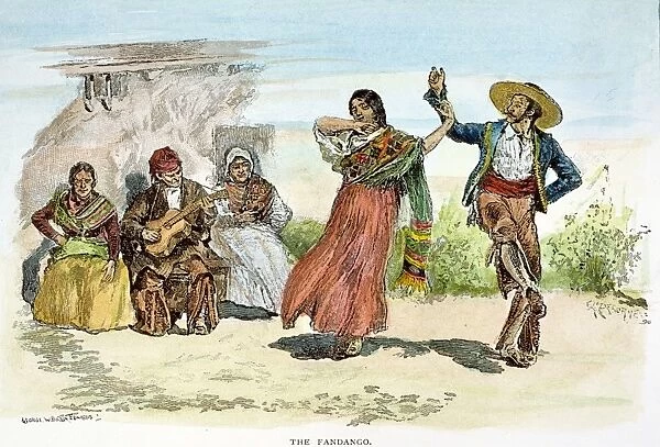 CALIFORNIA: HACIENDA. Dancing the fandango on a California hacienda in the early 19th century. Line engraving, American, 1891