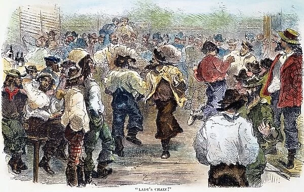 California miners dancing together in the absence of female companionship during the early days of the Gold Rush. Color engraving, 1852