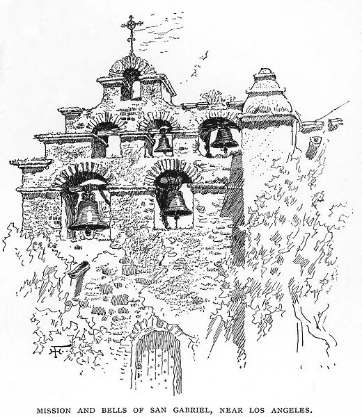 CALIFORNIA MISSION. Mission and bells of San Gabriel, near Los Angeles. Pen-&-ink drawing