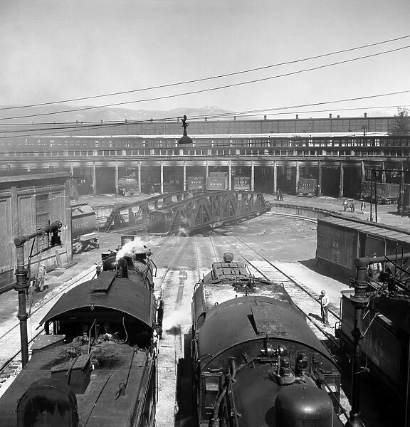 CALIFORNIA: RAILROAD, 1943. Locomotive engines at the roundhouse in San Bernardino, California